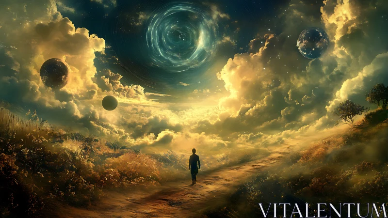 Celestial pathway under swirling cosmic vortex and planets.