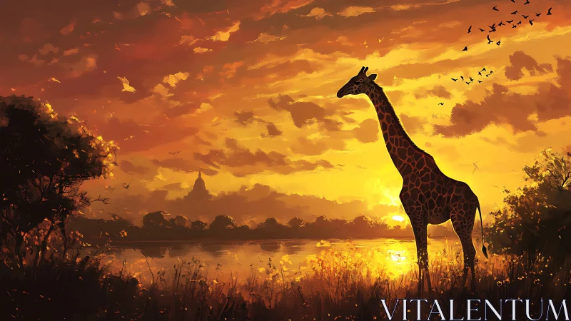 Giraffe silhouette overlooks glowing river under blazing sunset