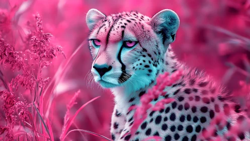 Cheetah in Pink Infrared Landscape with Cyan Accents