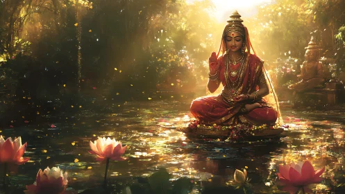 Divine goddess meditation on lotus pond under golden volumetric light.