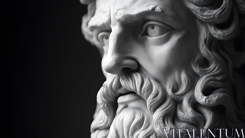 Marble statue head with detailed beard in close view.