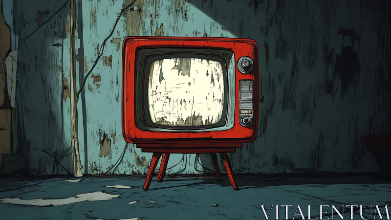Red retro television glows inside decayed industrial room