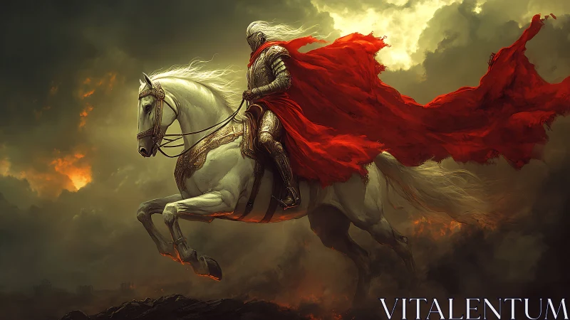 Armored knight on white warhorse with flowing red cloak