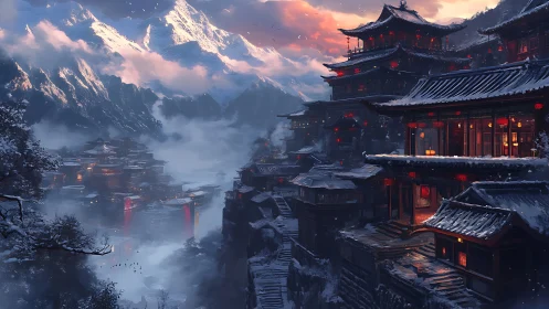 Mountain settlement with tiered temples in winter dusk.