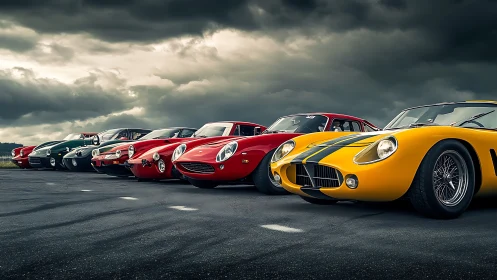 Vintage sports cars stand aligned on overcast racetrack