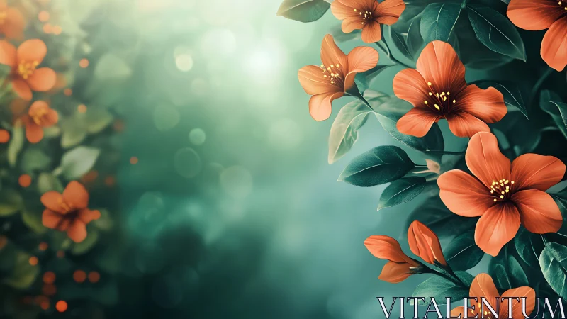 Coral-Red Flowers with Deep Teal Foliage in Soft-Focus Garden Setting