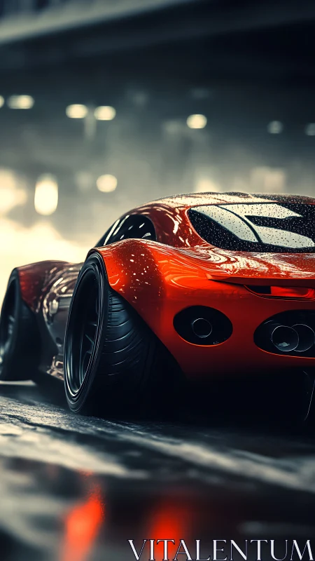 Sleek red supercar glides through rain-soaked city streets.