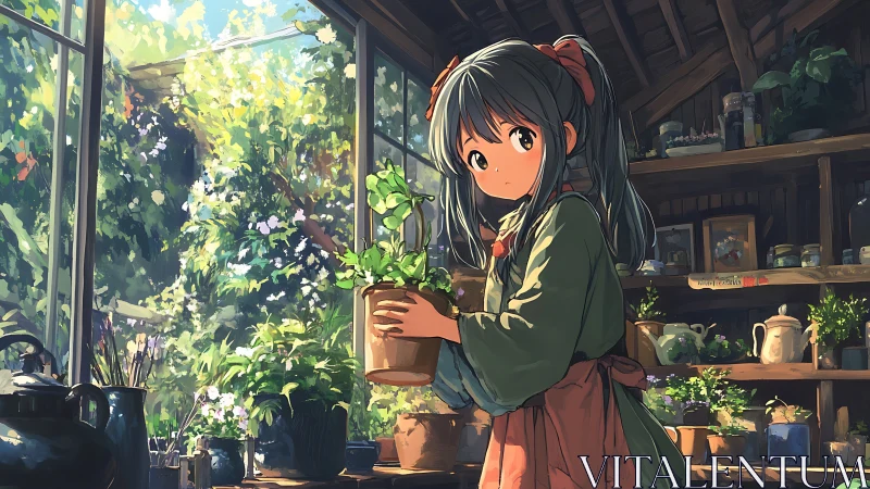 Sunlit garden shed with gentle girl tending potted herbs.