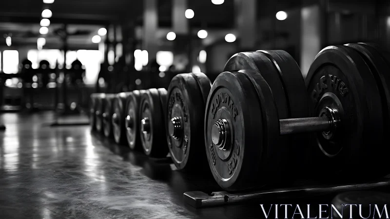 Heavy dumbbells aligned on gym floor in low light focus.