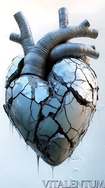 Cracked metallic heart sculpture with icy textures suspended