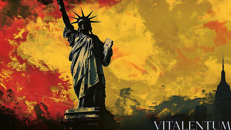 Statue of Liberty silhouette against high-contrast abstract sky field