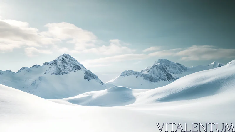 Snow covered mountain peaks under cold winter sky.