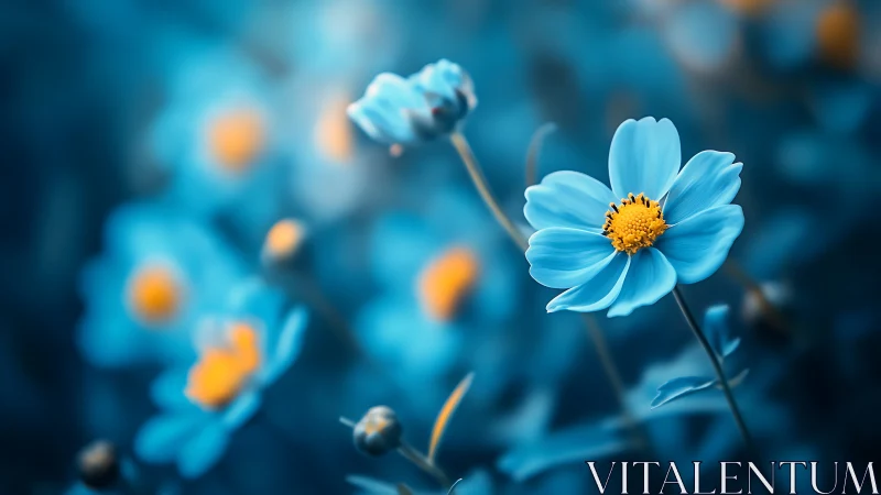Blue Cosmos Flowers with Yellow Centers in Soft Focus.
