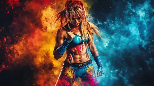 Digital painting of fierce female fighter in dual-color energy field.