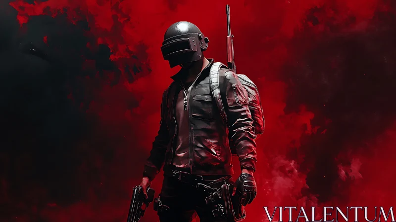 Armored tactical soldier in red smoke digital battleground.