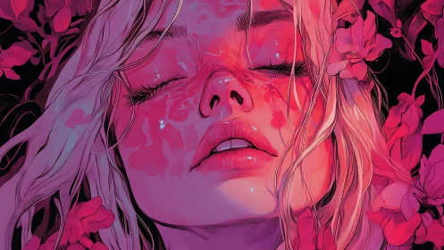 Sensual portrait in magenta florals and luminous tears.