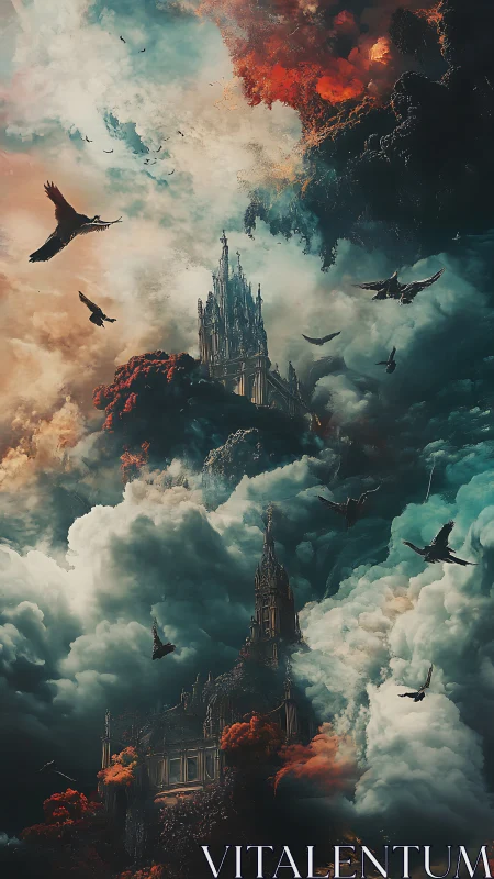 Vertical gothic citadel in storm-torn celestial cloudscape.