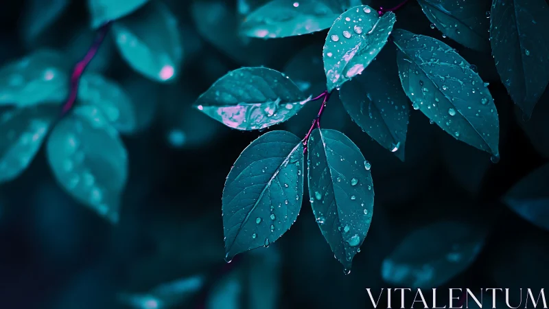 Midnight leaves whisper quietly beneath jeweled raindrops