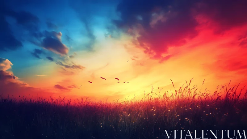 Gradient-saturated sunset sky over silhouetted meadow with birds in flight