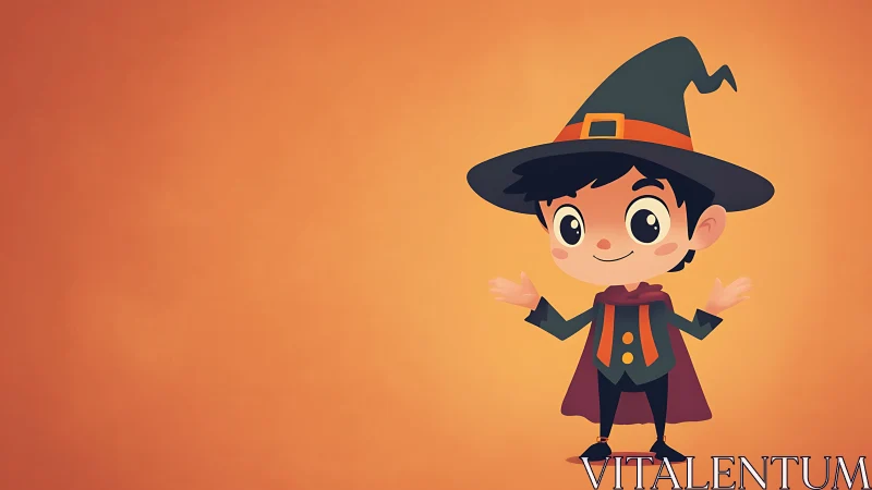 Cute cartoon wizard boy stands on warm gradient backdrop
