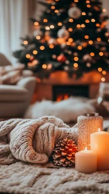 Candles and knitted textiles before defocused lit tree.