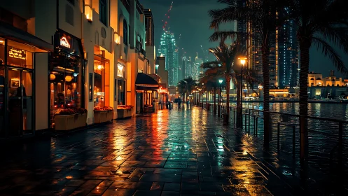 Rain-soaked waterfront promenade under mixed urban and retail lighting