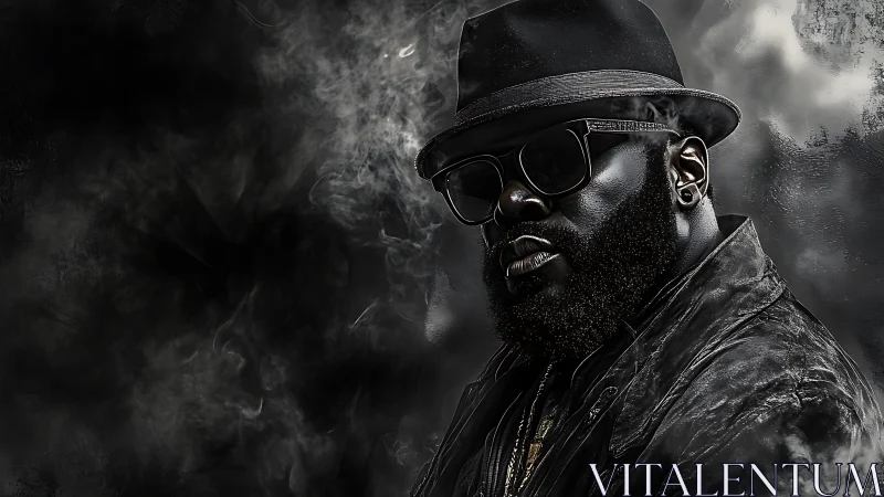 Bearded man in dark hat and coat amid surrounding smoke.