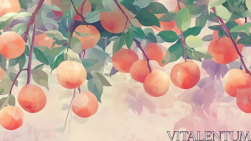 Sunlit peach branches hang low over soft watercolor sky