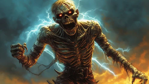 Electrified undead horror lunges through storm fire sky.