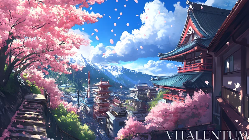 Vernacular Japanese townscape under cherry blossom airflow.