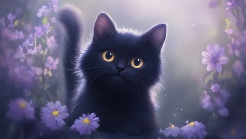 Black Cat with Golden Eyes Among Purple Flowers.