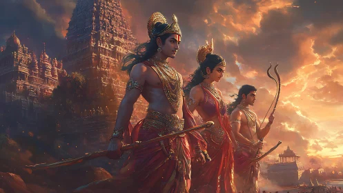 Heroic epic warriors in gilded attire at temple dusk.