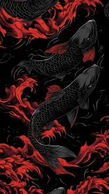 Ebony koi in crimson currents on midnight black waters.