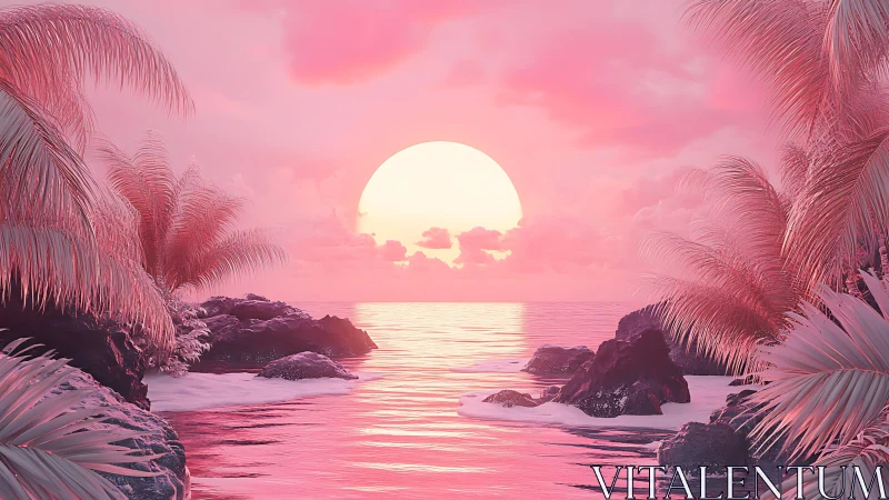 Neon pink tropical sunset illuminates tranquil rocky lagoon
