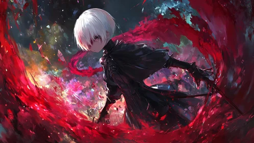 White haired anime swordsman bends crimson energy vortex