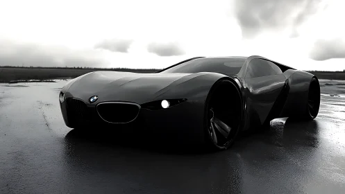 Low-angle view shows a dark concept car on wet pavement