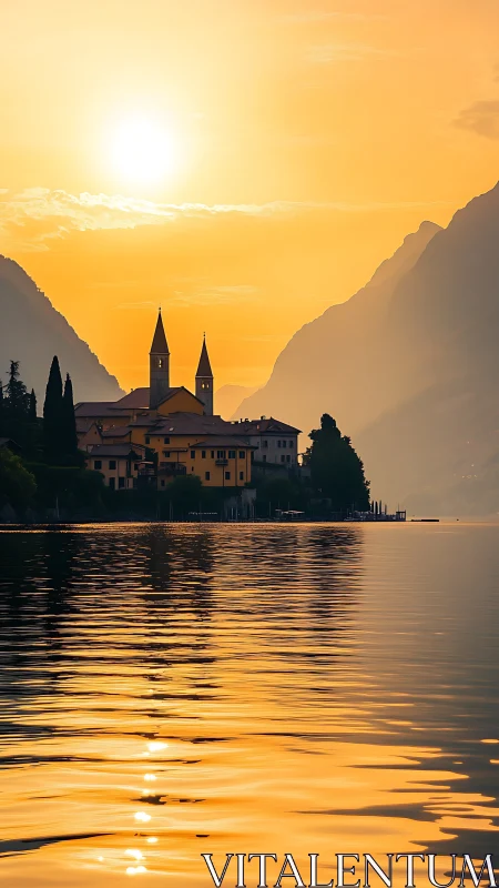 Sunlit lakeside village with silhouetted church and layered mountains