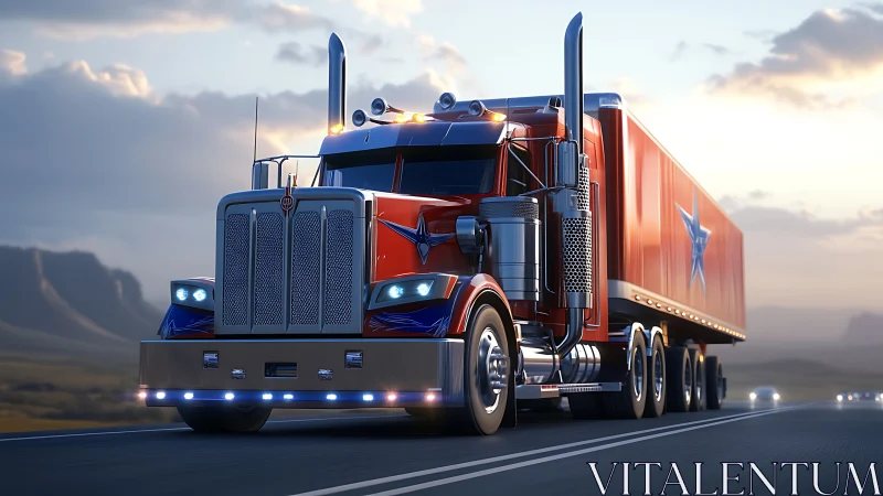 Chrome red semi truck drives highway at sunset with trailer