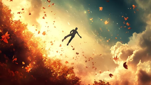 Weightless dreamer drifting through a wildfire autumn sky.