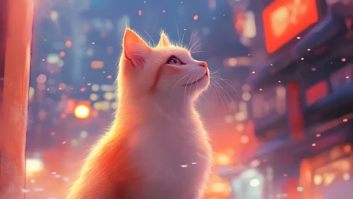 White Cat Gazing at Neon Cityscape Lights.