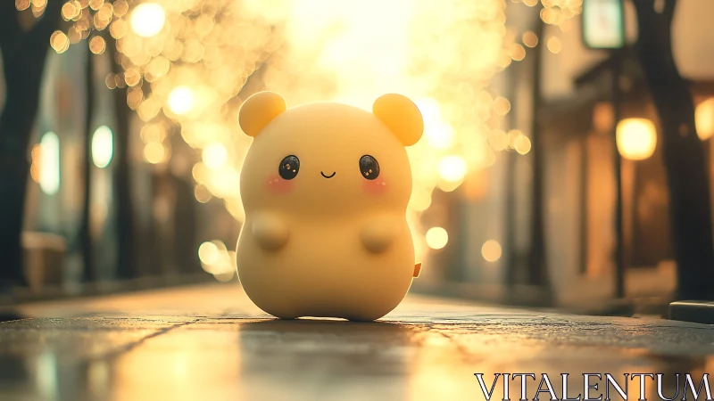 Soft-lit kawaii mascot toy stands on bokeh city street