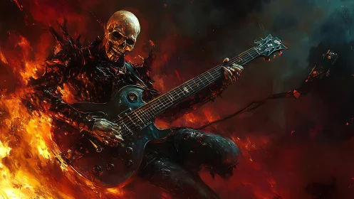 Skeletal electric guitarist in fiery infernal environment.