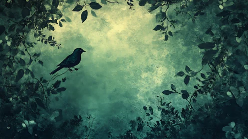 Solitary songbird silhouette framed by verdant foliage.