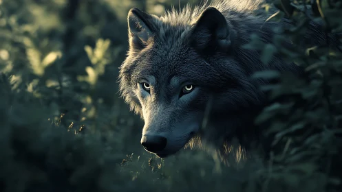 Moonlit wolf sentinel stalking through emerald forest hush.