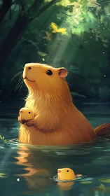Gentle capybara parent cradling pups in dappled forest pool.