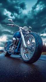 Low-angle view of custom chrome motorcycle on wet asphalt under storm clouds