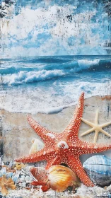 Textured marine still life contrasts foamy surf with detailed starfish