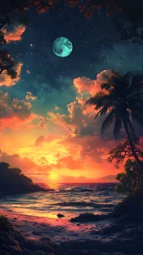 Surreal tropical shoreline glows under luminous teal moon
