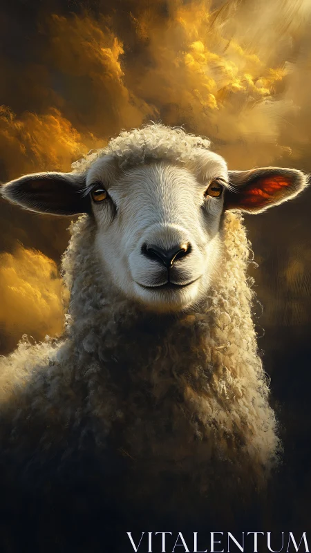 Gentle golden sheep gazing calmly beneath glowing clouds.