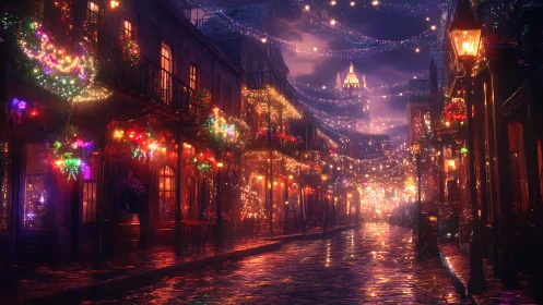 Evening city street with dense overhead festive lighting network.